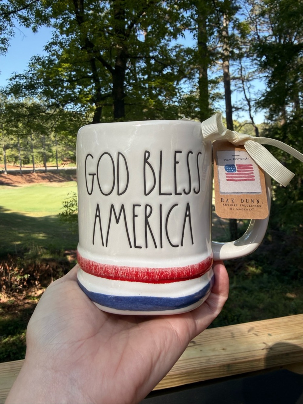 Rae Dunn Patriotic 'God Bless America' Mug Red & Blue Bands Inside Star Detail